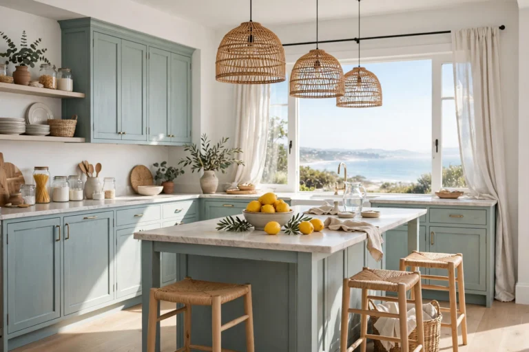 Coastal kitchen ideas — sea-glass cabinets, rattan pendants and natural light