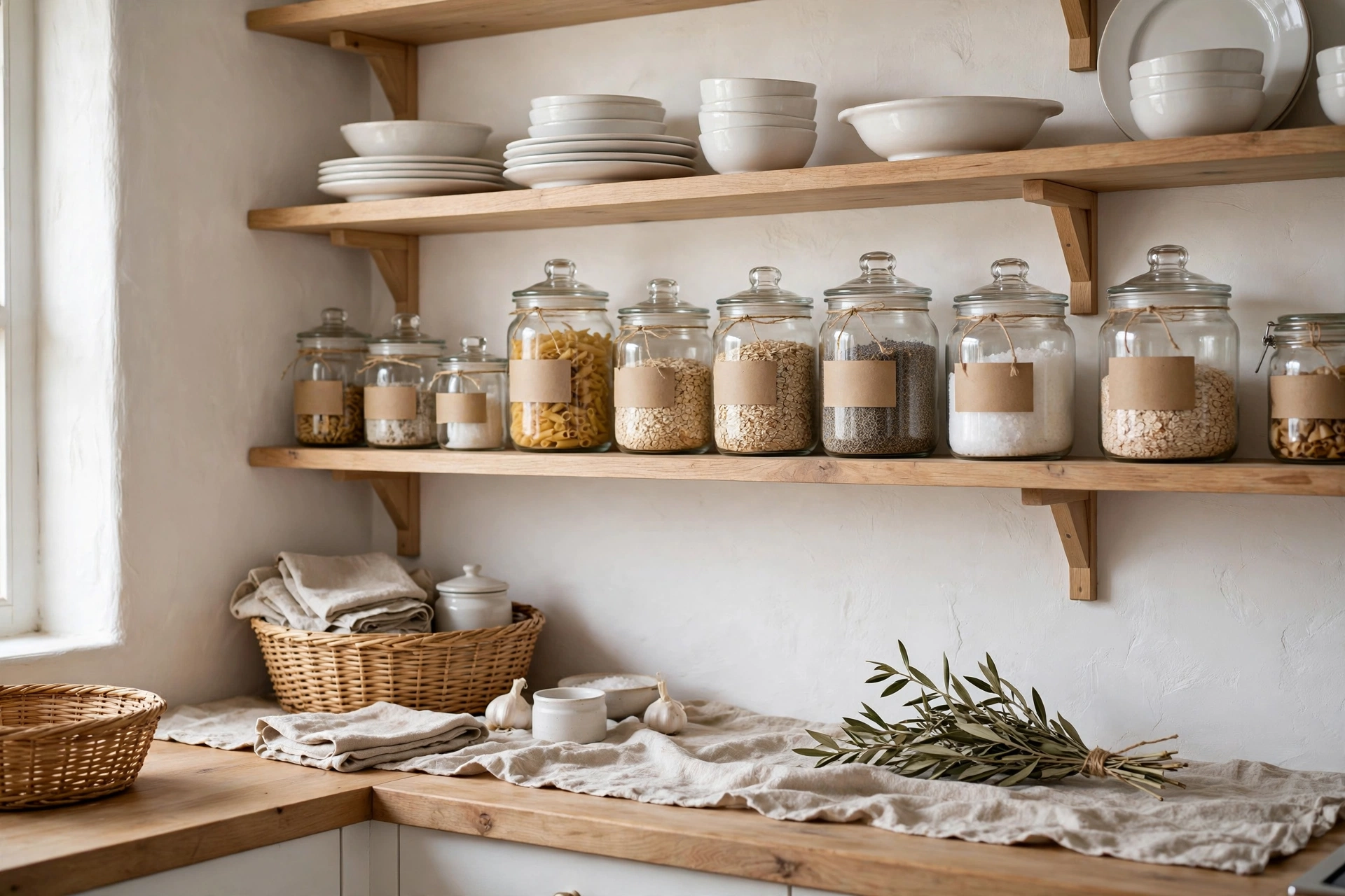 Coastal kitchen ideas — open shelves with white dishes, glass jars and a woven basket