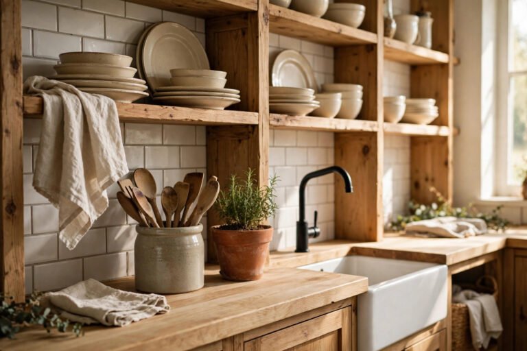 Farmhouse kitchen decor ideas — open shelves with cream ironstone, wood counters and linen towels