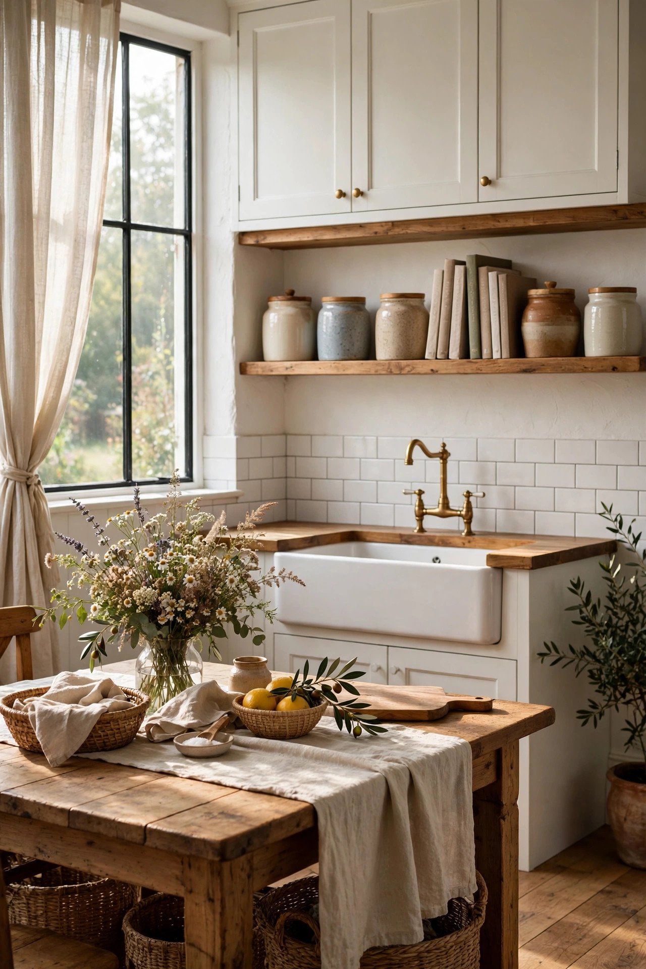 Farmhouse kitchen with white shaker cabinets, an apron-front sink, wooden open shelves and a table with wildflowers