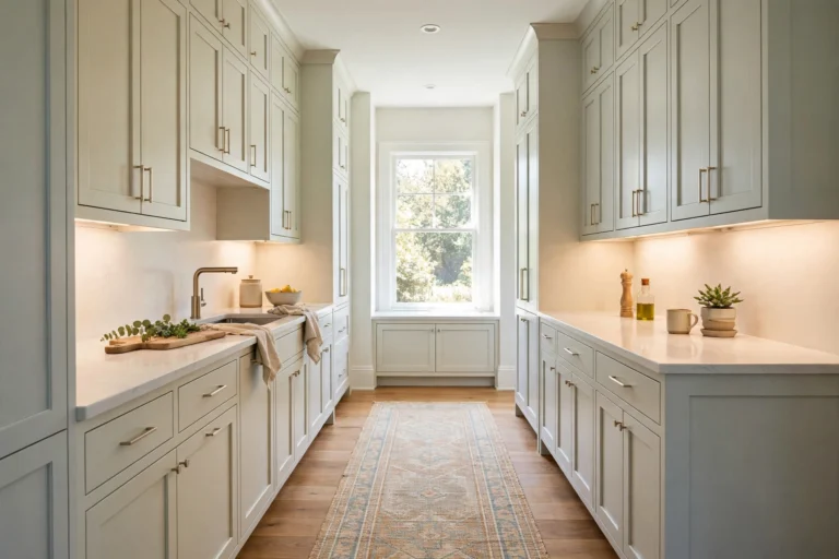 Galley kitchen ideas — pale cabinets, layered light and a clear work corridor