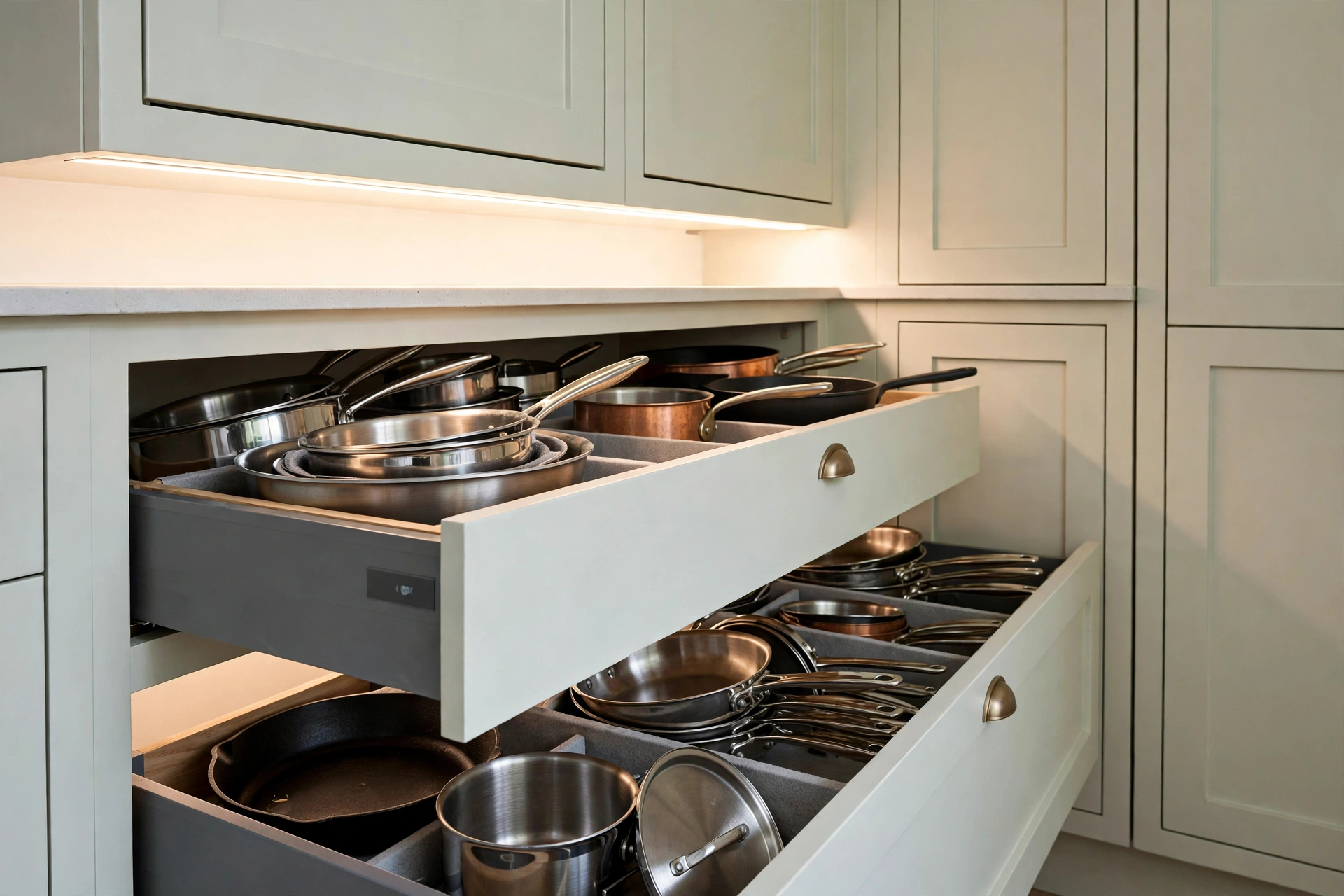 Galley kitchen ideas — under-cabinet lighting and deep organised drawers in a narrow kitchen