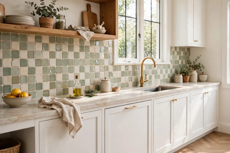 Kitchen backsplash ideas — handmade-look tile with white cabinets and brass fittings