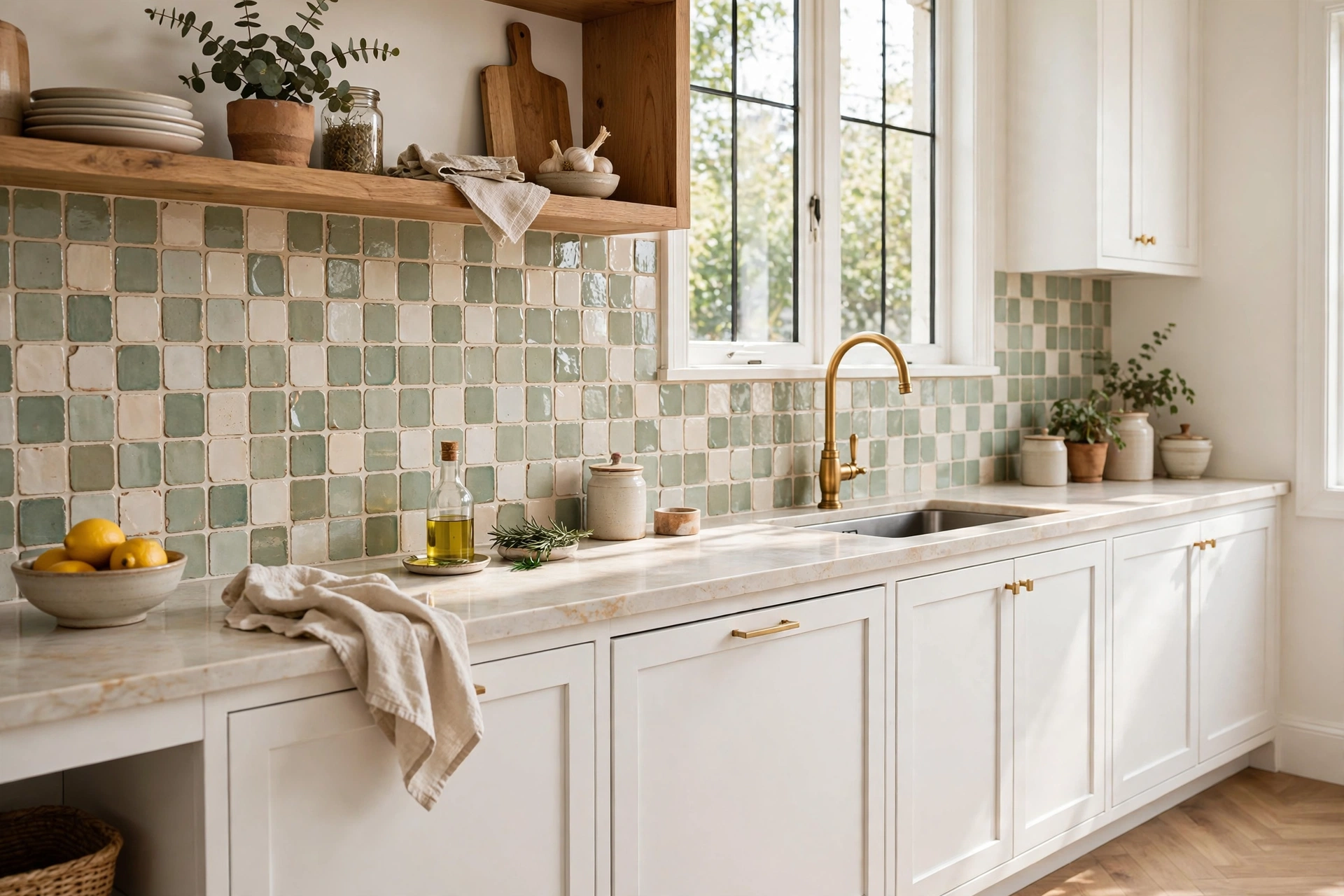 Kitchen backsplash ideas — handmade-look tile with white cabinets and brass fittings