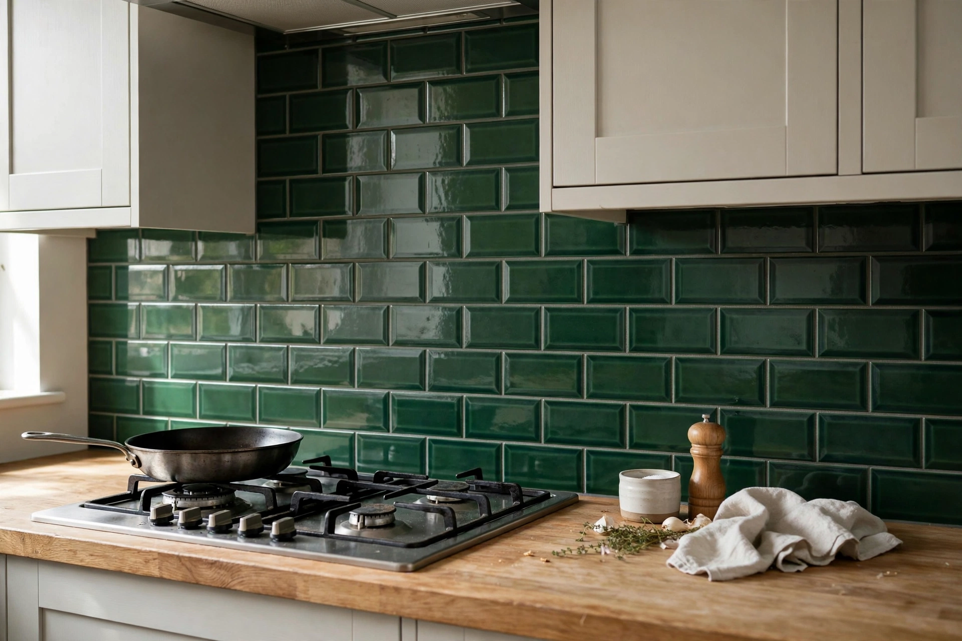 Kitchen backsplash ideas — deep green subway tile behind a hob with wooden worktop