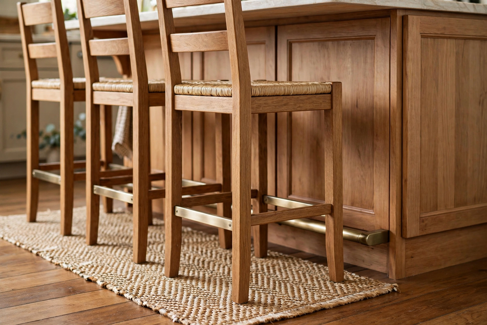 Kitchen bar stool ideas — counter stools tucked under an island with a footrest rail