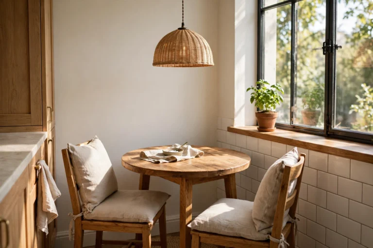 Kitchen breakfast nook ideas — a cosy bench, table and cushions by a bright window