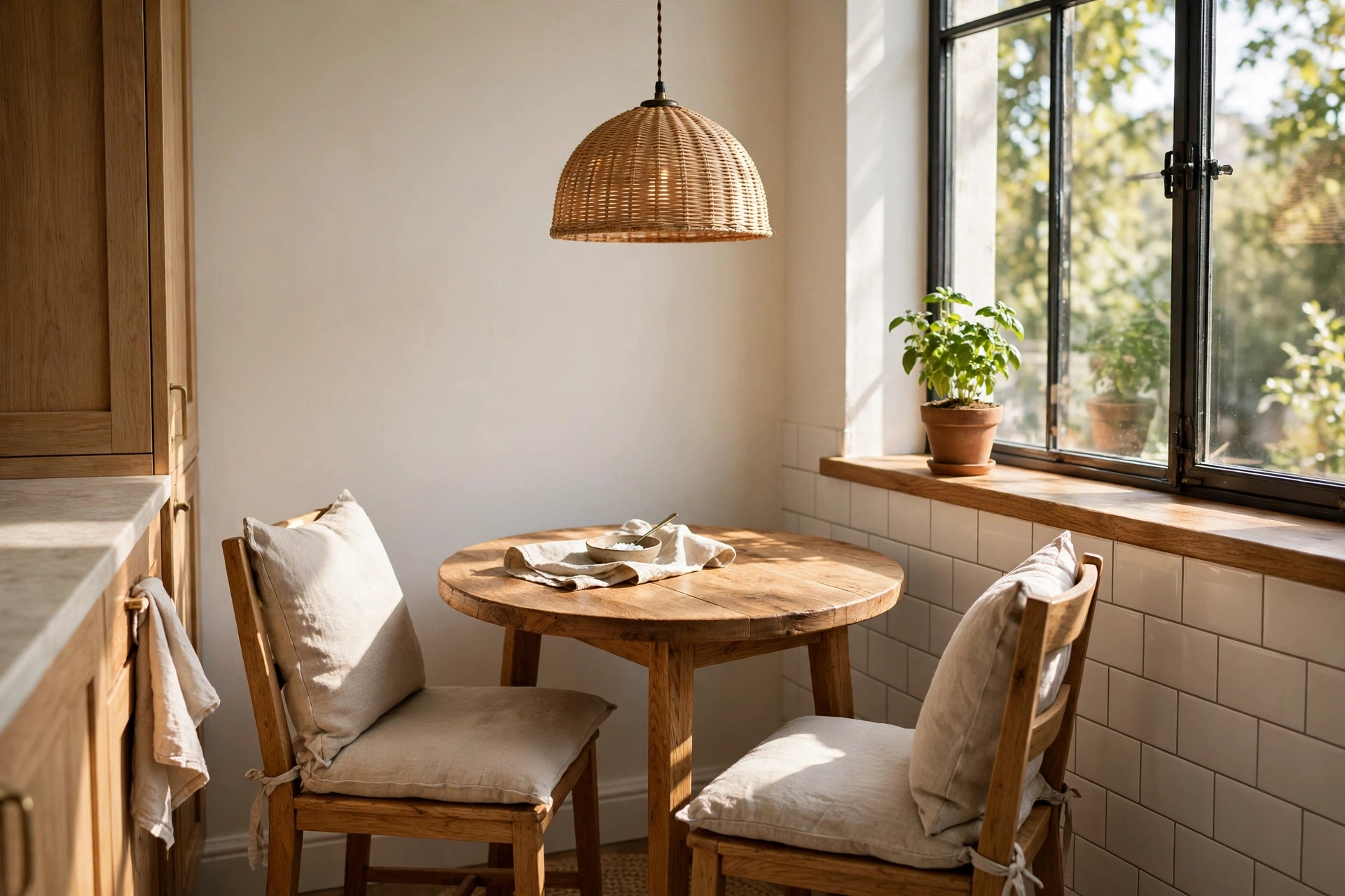 Kitchen breakfast nook ideas — a cosy bench, table and cushions by a bright window