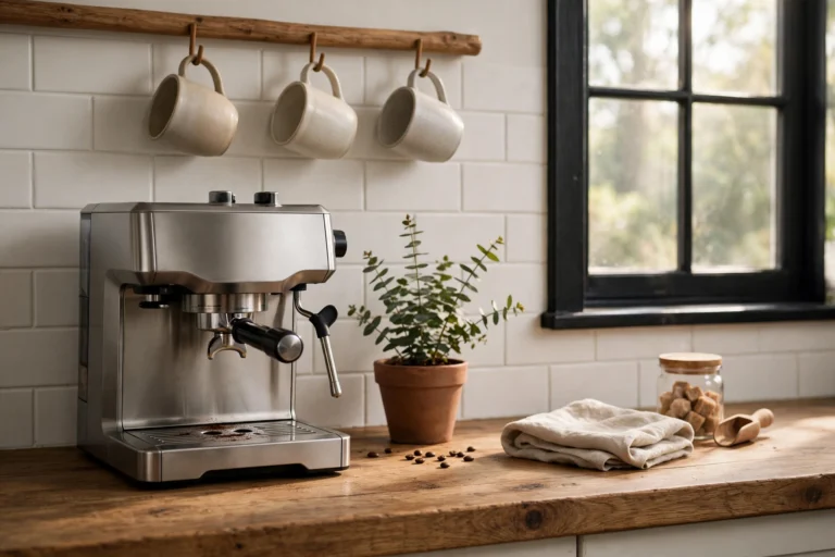 Kitchen coffee bar ideas — a tidy coffee station with machine, mugs and jars