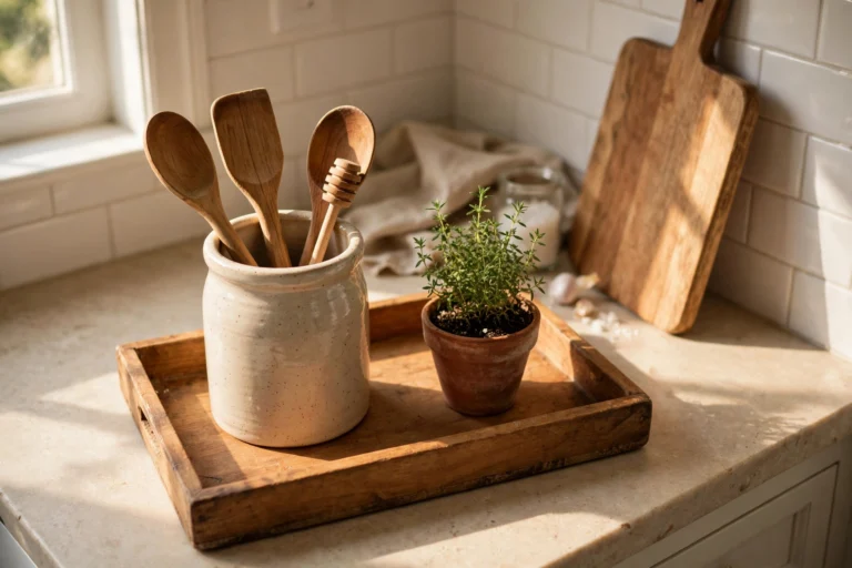 Kitchen countertop decor ideas — styled trays, boards and plants on a clear worktop