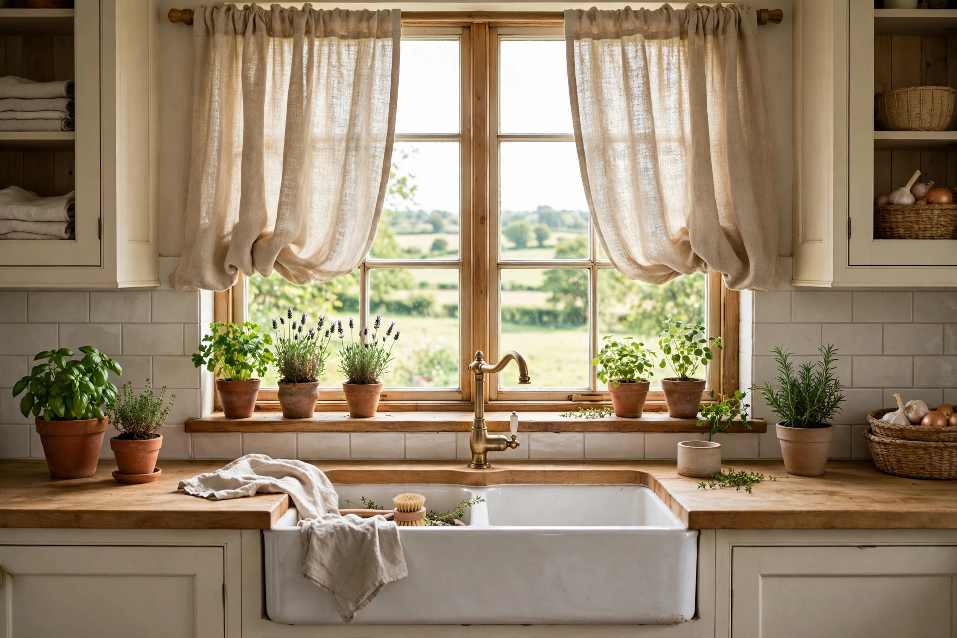 Kitchen curtain ideas — linen cafe curtains over a kitchen sink window