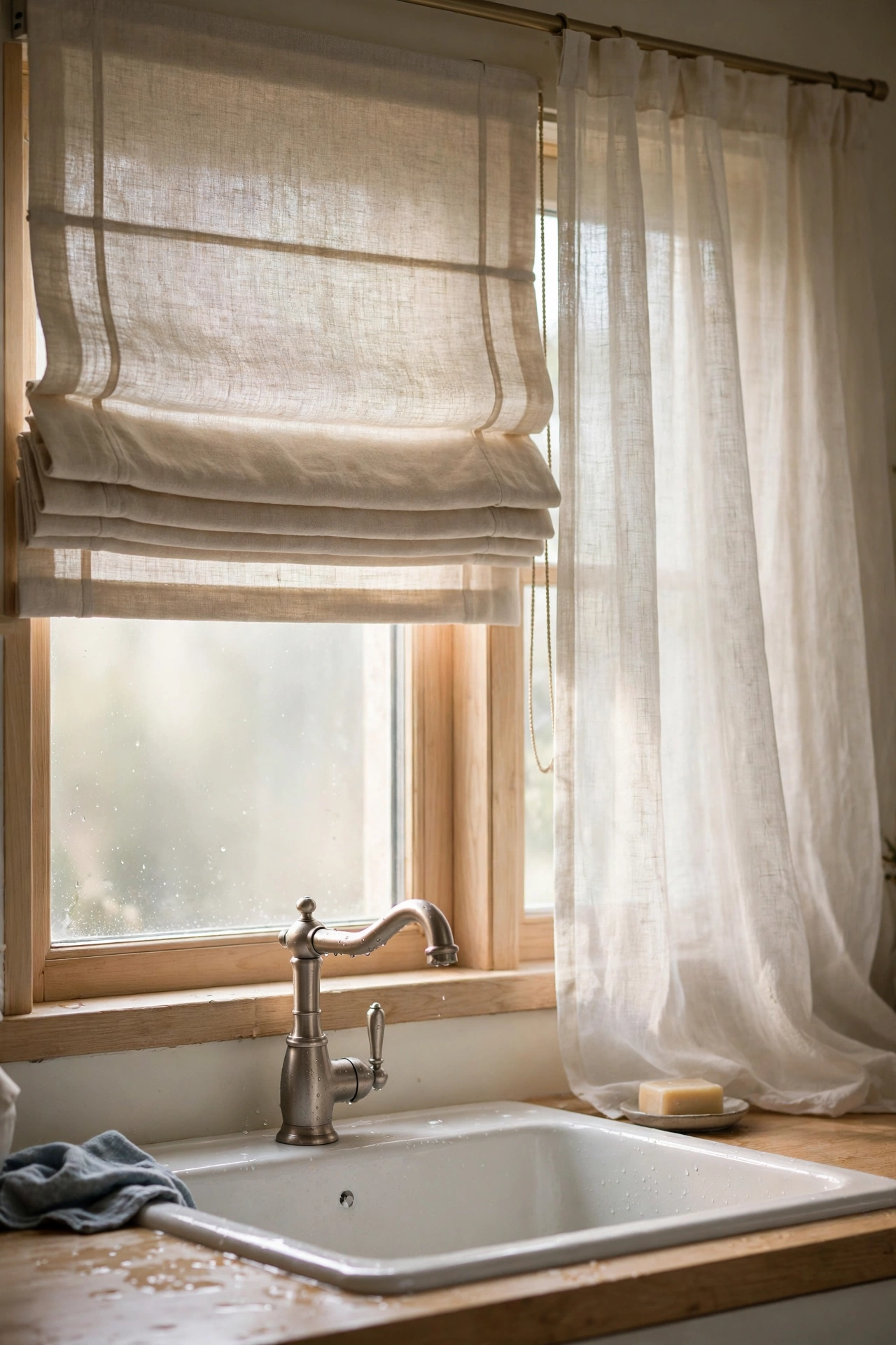 Kitchen curtain ideas — Roman blind and sheer linen panel over a kitchen sink
