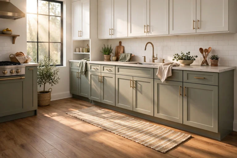 Kitchen flooring ideas — warm wood-look floor with sage and white cabinets