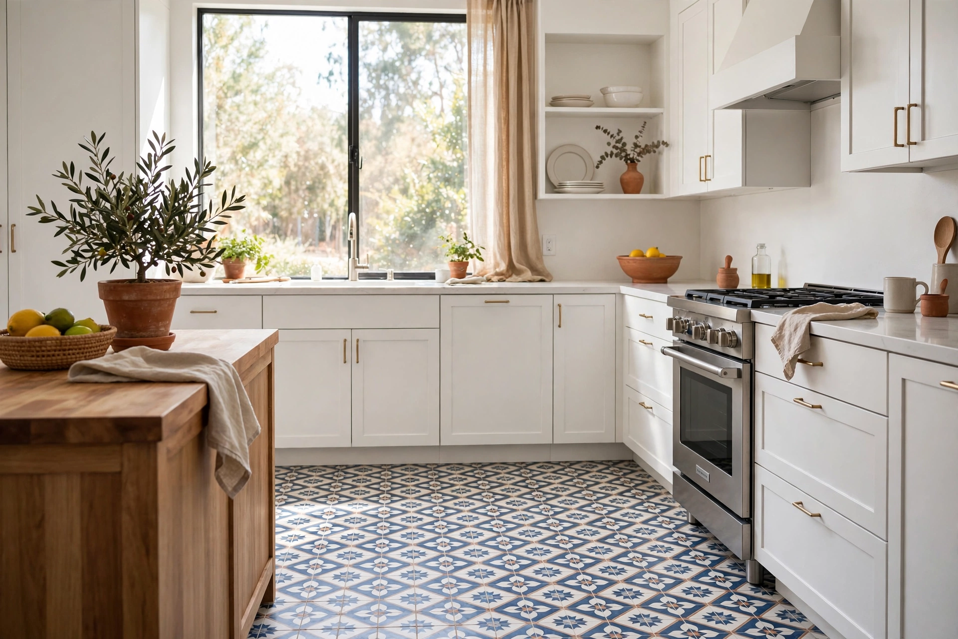 Kitchen flooring ideas — patterned porcelain tile floor with plain white cabinets