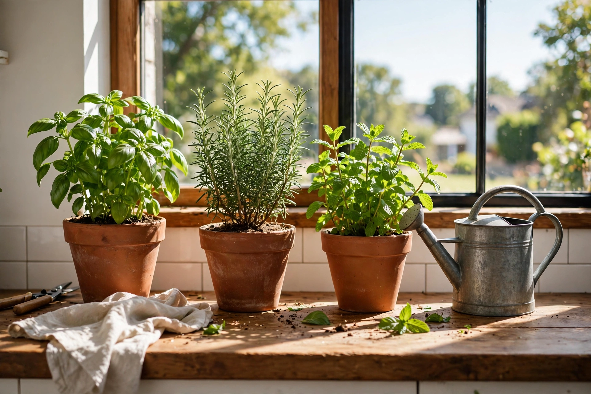 Kitchen herb garden ideas — potted herbs thriving on a sunny kitchen windowsill
