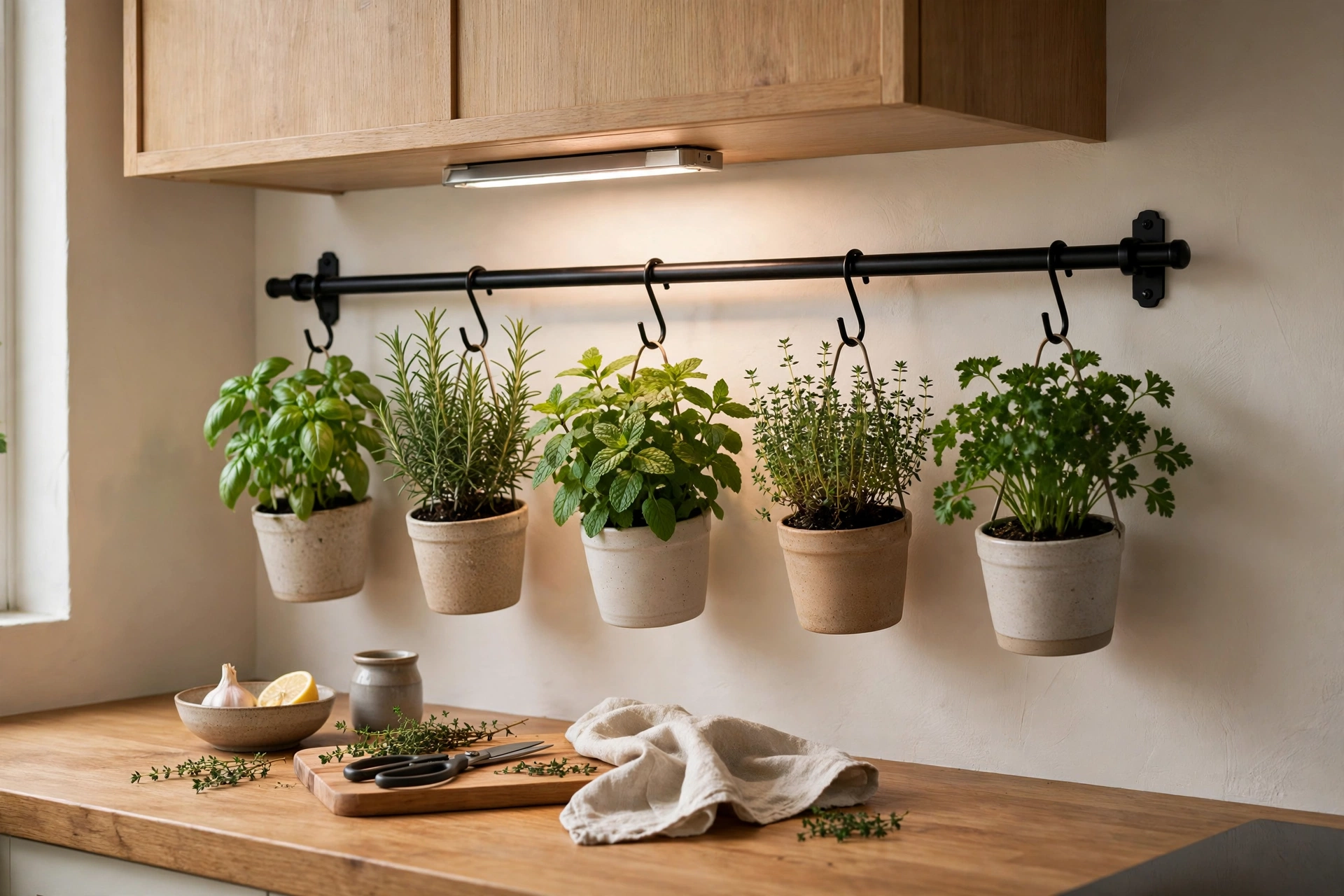 Kitchen herb garden ideas — hanging herb pots on a wall rail with a grow light
