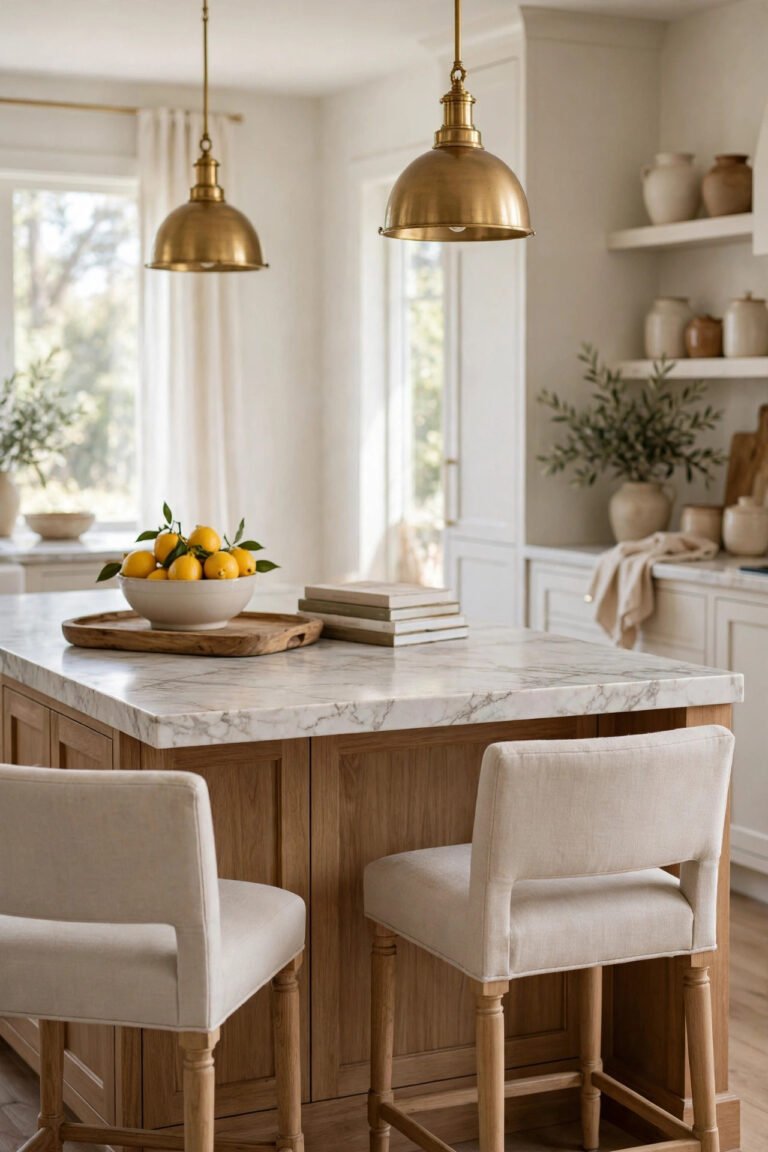 Styled kitchen island with a marble-look counter, a tray with lemons, linen stools and brass pendant lights