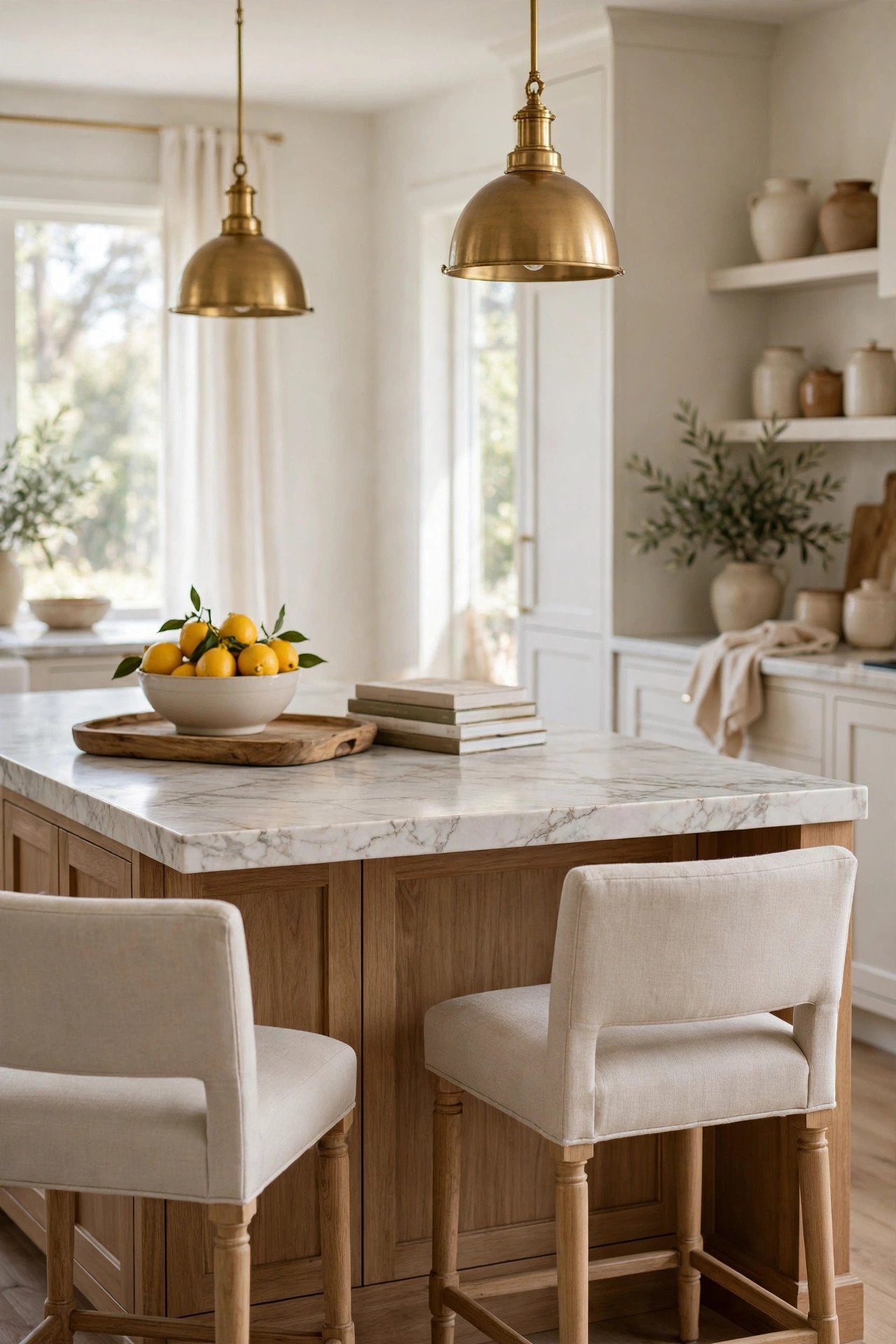 Styled kitchen island with a marble-look counter, a tray with lemons, linen stools and brass pendant lights