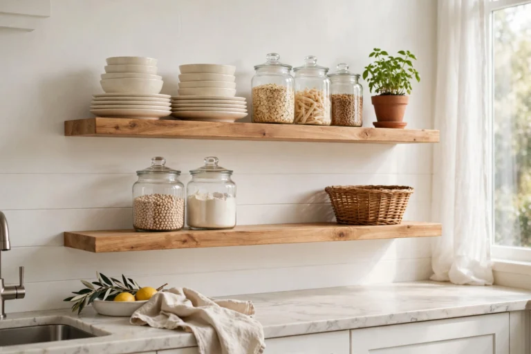 Kitchen open shelving ideas — styled wooden shelves with dishes, jars and plants