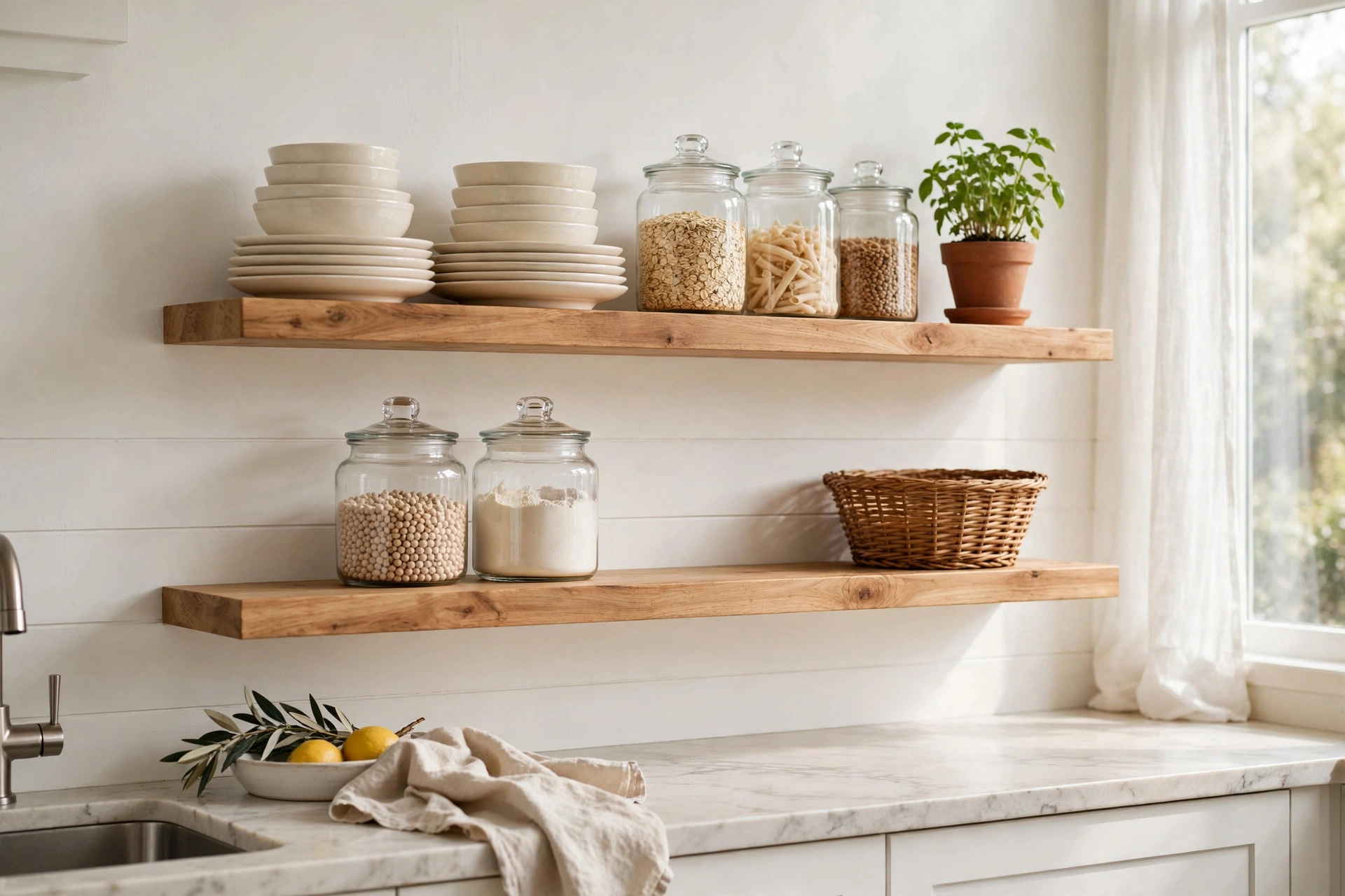 Kitchen open shelving ideas — styled wooden shelves with dishes, jars and plants
