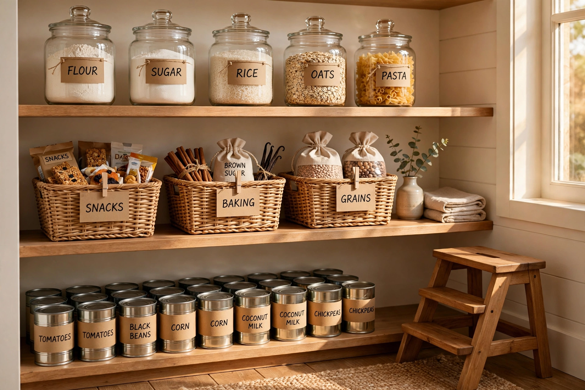 Kitchen pantry organization ideas — labelled jars, baskets and zones on open shelves