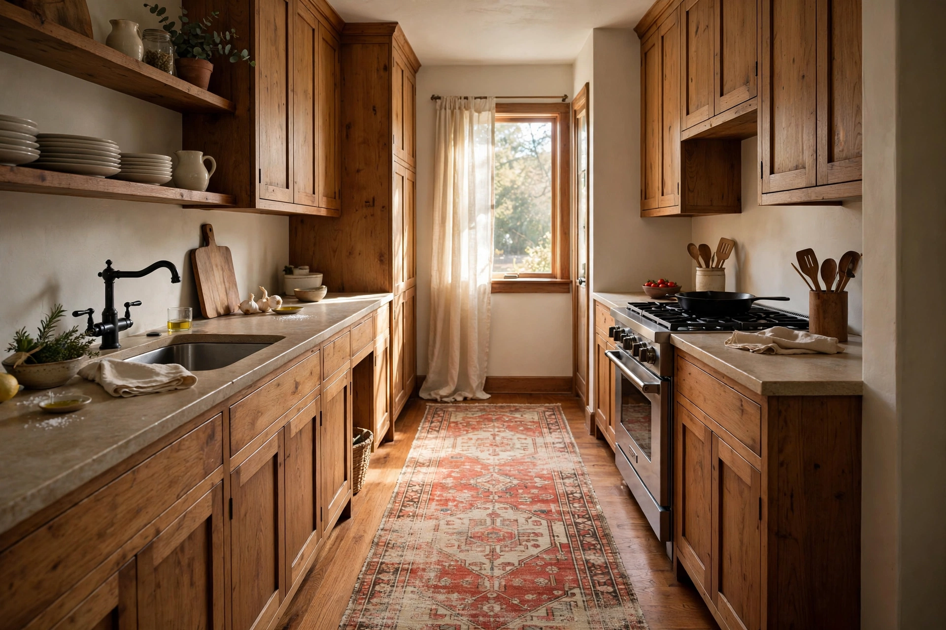 Kitchen runner rug ideas — a warm patterned runner along a galley kitchen floor