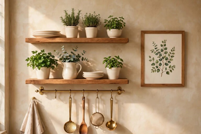 Kitchen wall decor ideas — wooden shelves with cream dishes, herbs and a framed print