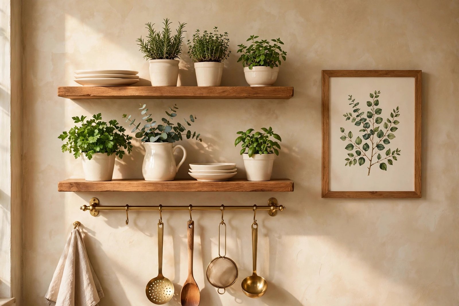 Kitchen wall decor ideas — wooden shelves with cream dishes, herbs and a framed print