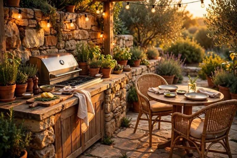 Outdoor kitchen ideas — grill station, worktop and dining area in a garden kitchen