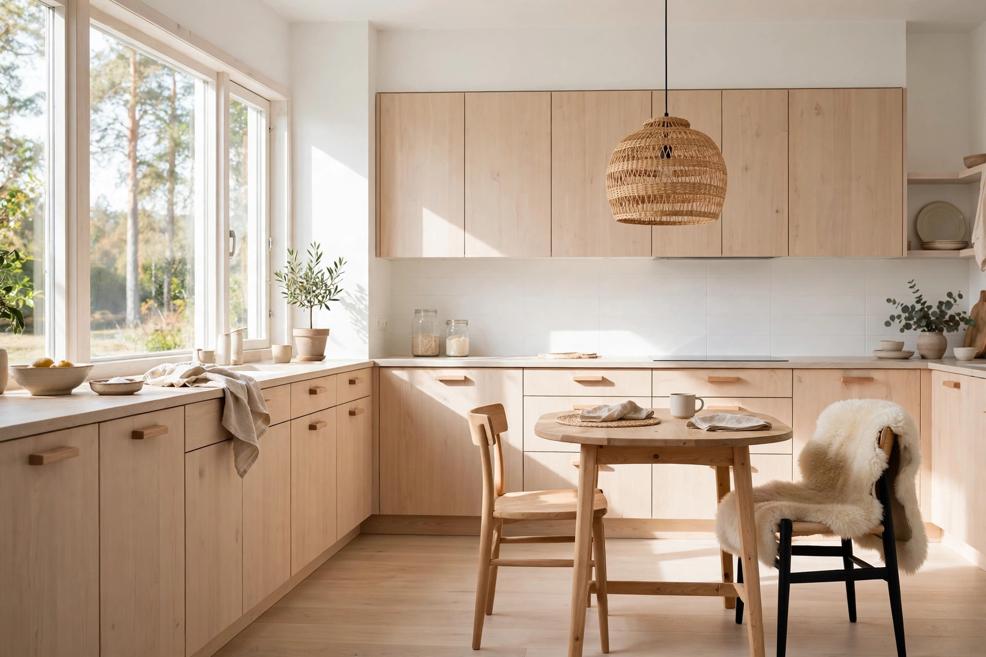 Scandinavian kitchen ideas — pale wood and white with warm natural textures