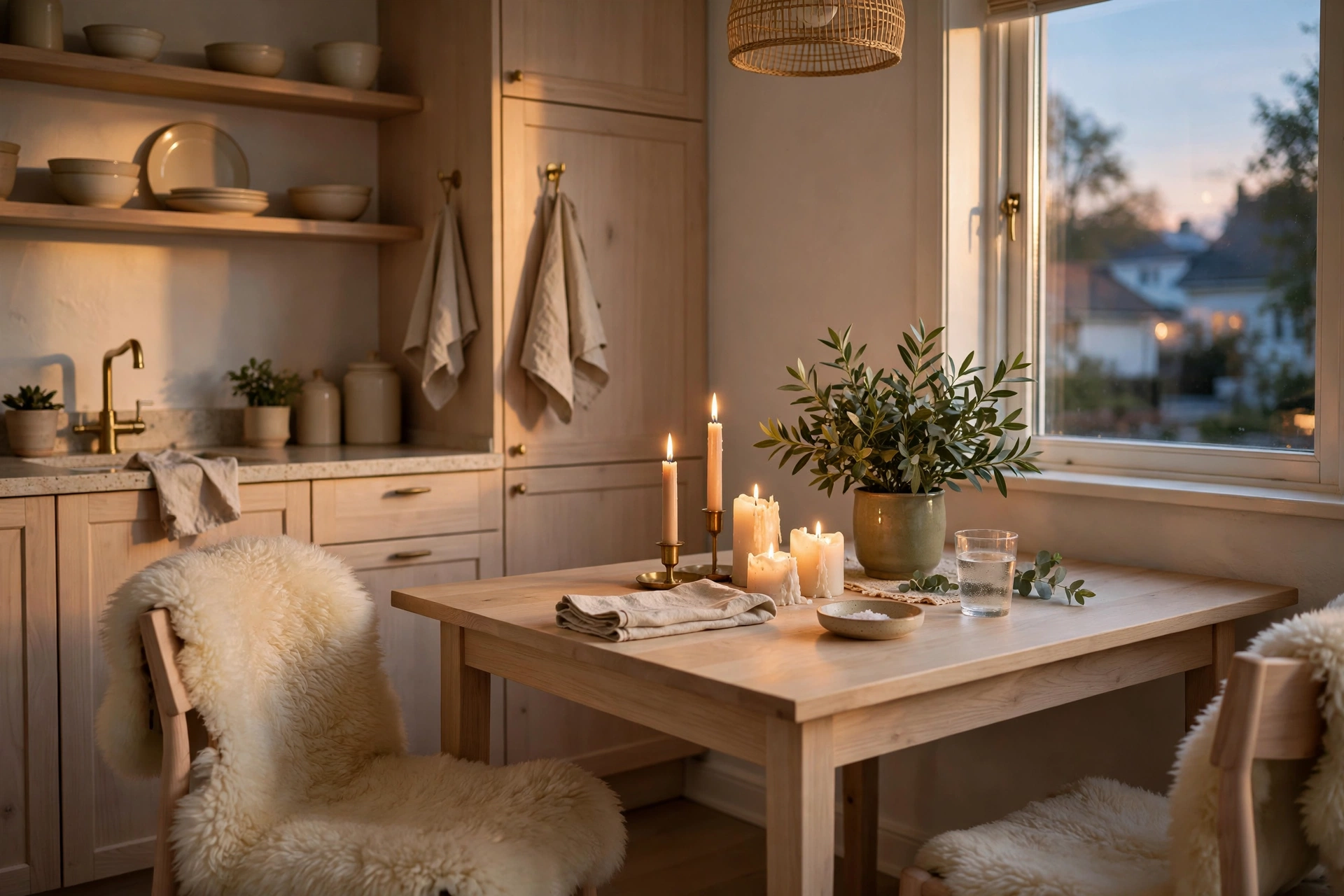 Scandinavian kitchen ideas — pale wood dining corner with sheepskin, candles and a plant