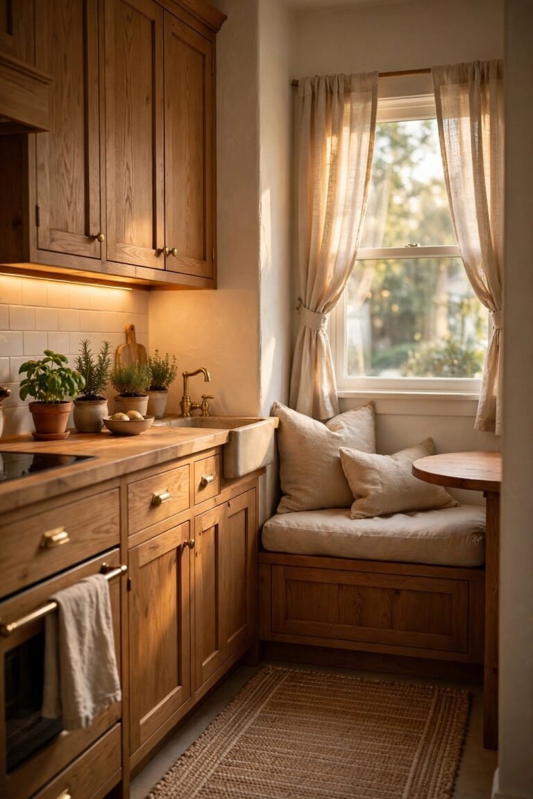 Small cozy kitchen with warm wood cabinets, a window breakfast nook with linen cushions, brass faucet and herbs on the counter