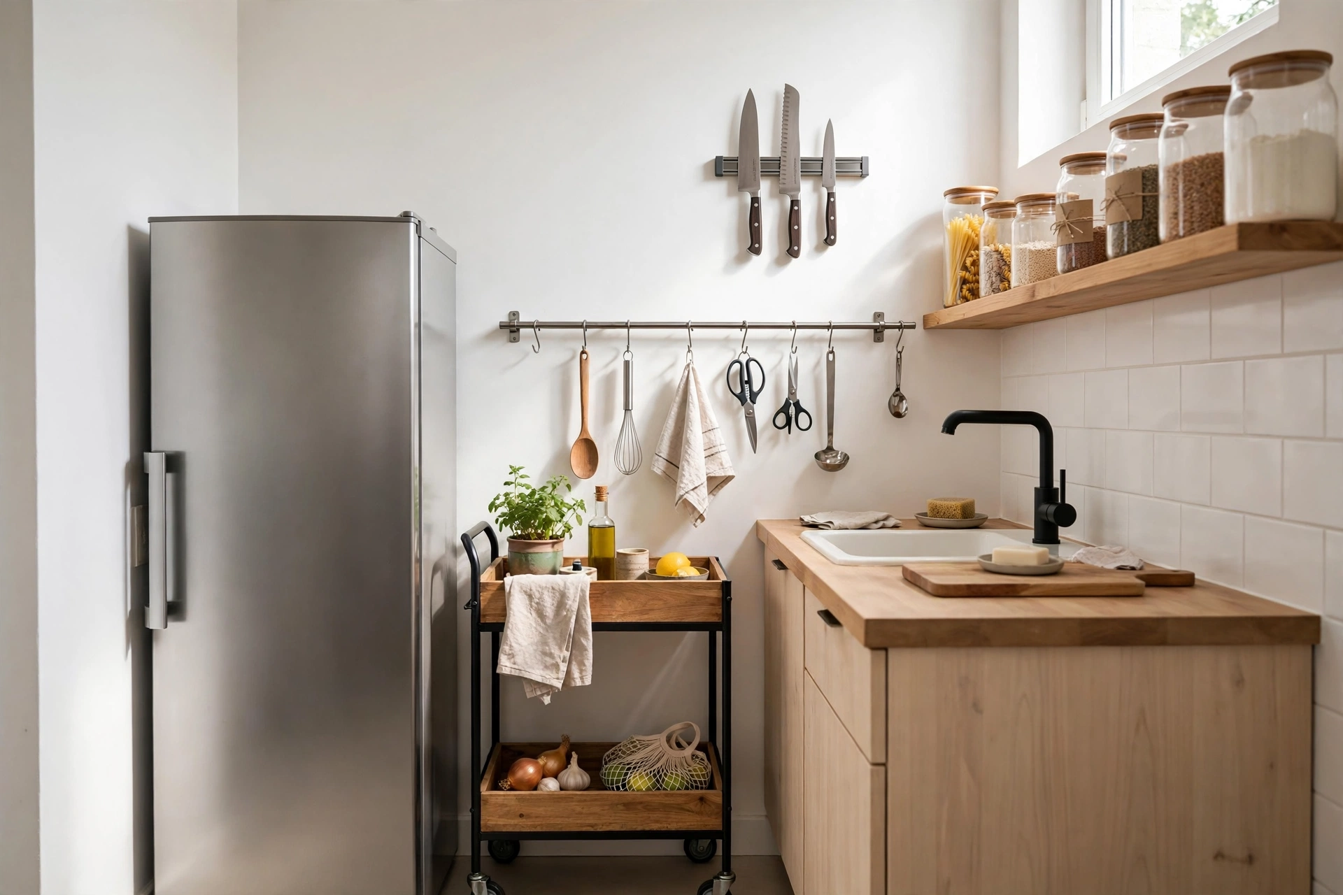 Small kitchen storage ideas — organised shelves, jars and rails making use of every inch