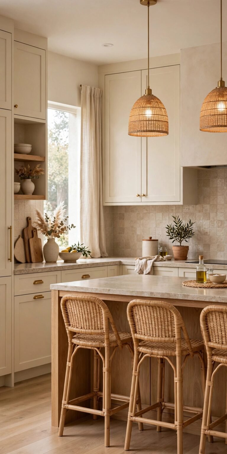 Warm neutral kitchen with creamy cabinets, rattan pendant lights and stools, natural oak island and beige zellige tile backsplash